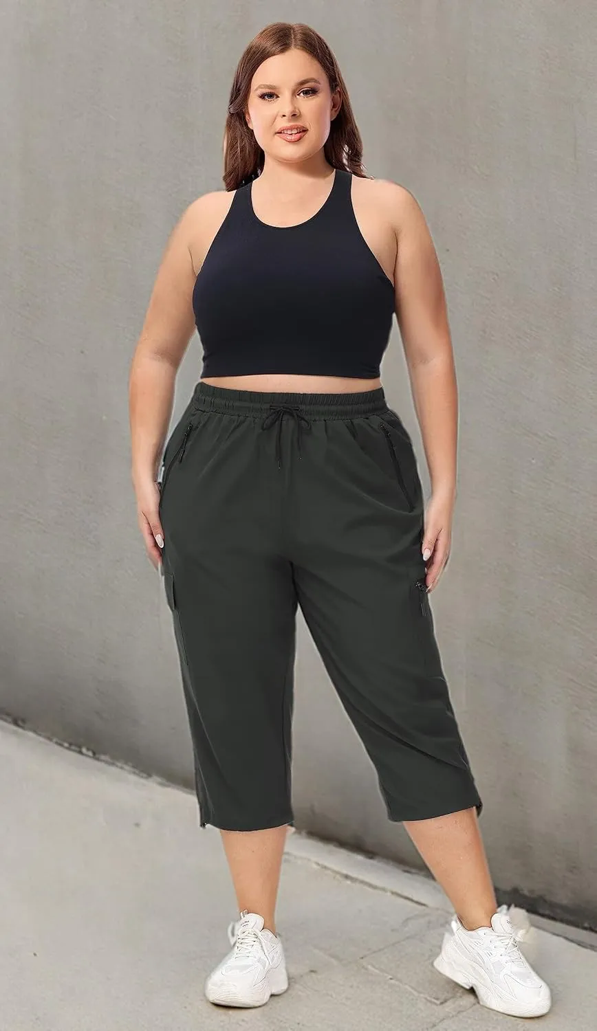 SEKINO Women's Plus Size Cargo Hiking Capris Pants Lightweight Quick Dry Travel Athletic Workout Outdoor Zipper Pockets Pants
