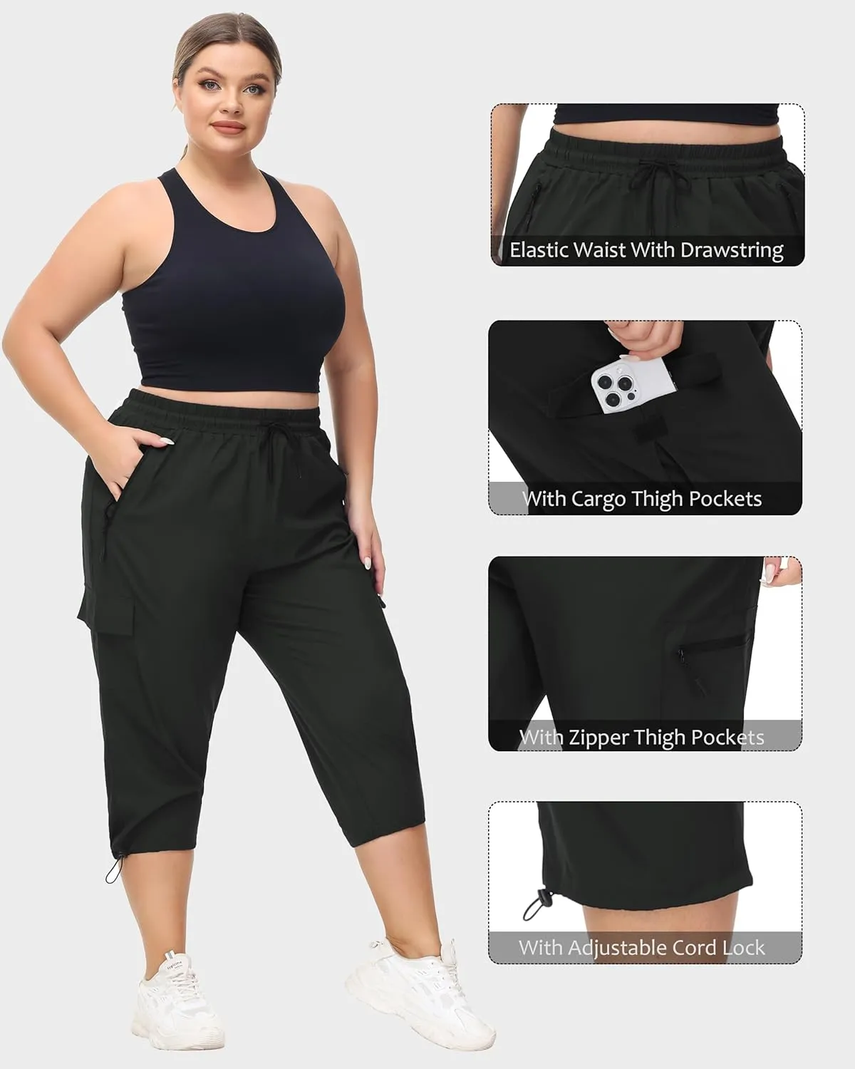 SEKINO Women's Plus Size Cargo Hiking Capris Pants Lightweight Quick Dry Travel Athletic Workout Outdoor Zipper Pockets Pants