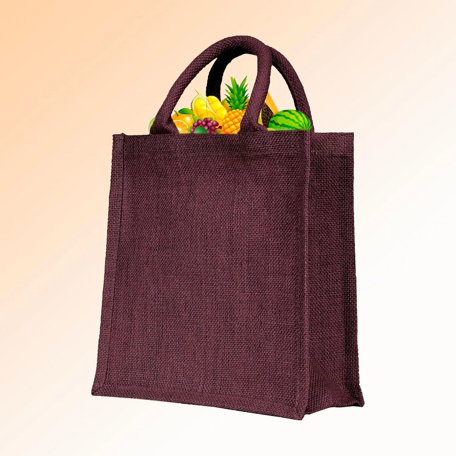 Set of 4 Reusable Jute Tote Bags – Lined, with Gusset & Soft Handles – 10x10x4" – Wine, Pink, Green & Orange