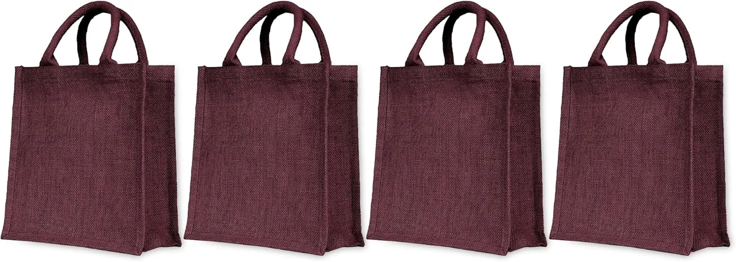 Set of 4 Reusable Jute Tote Bags – Lined, with Gusset & Soft Handles – 10x10x4" – Wine, Pink, Green & Orange