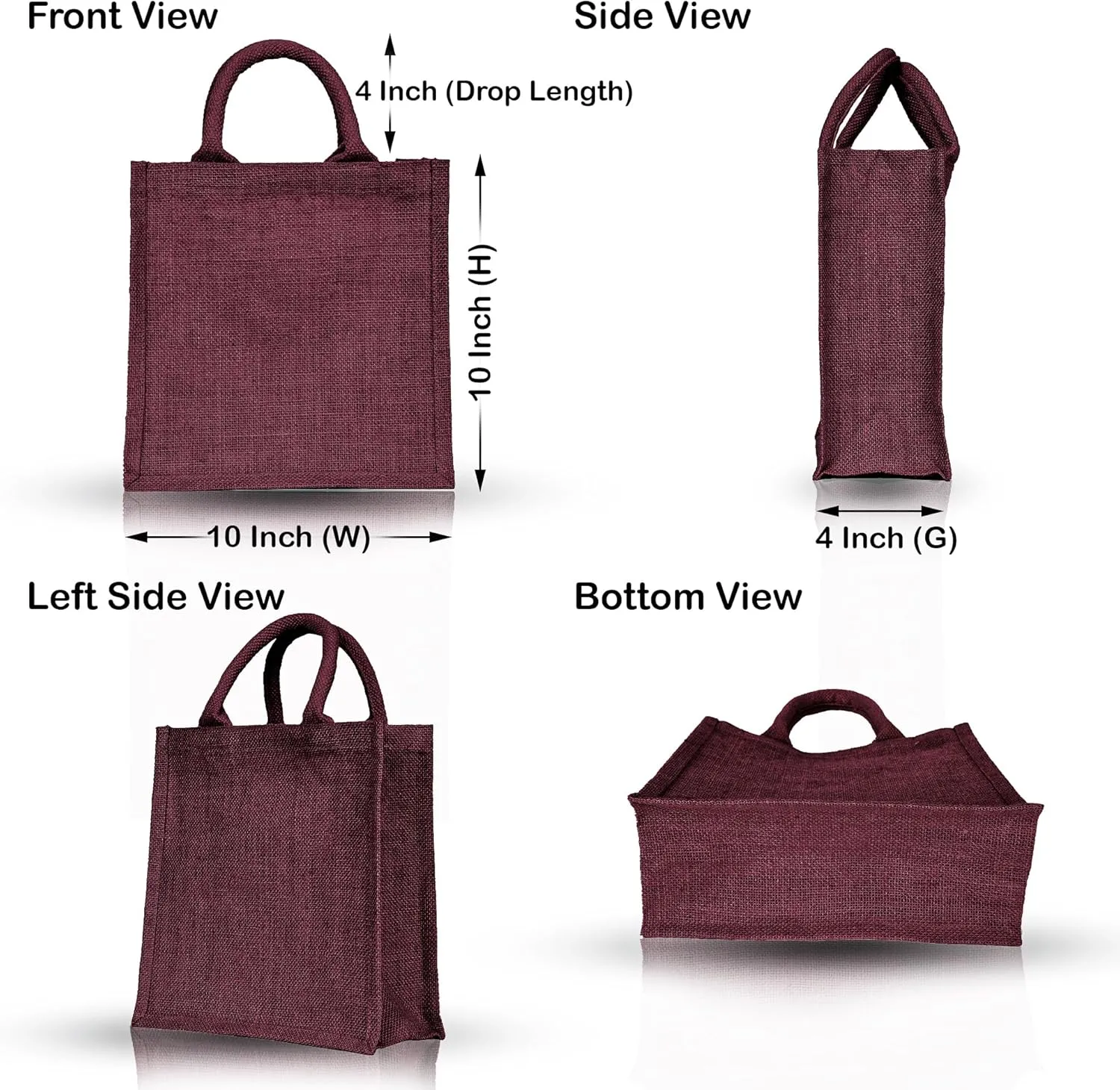 Set of 4 Reusable Jute Tote Bags – Lined, with Gusset & Soft Handles – 10x10x4" – Wine, Pink, Green & Orange