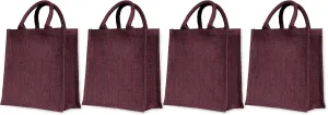 Set of 4 Reusable Jute Tote Bags – Lined, with Gusset & Soft Handles – 10x10x4" – Wine, Pink, Green & Orange