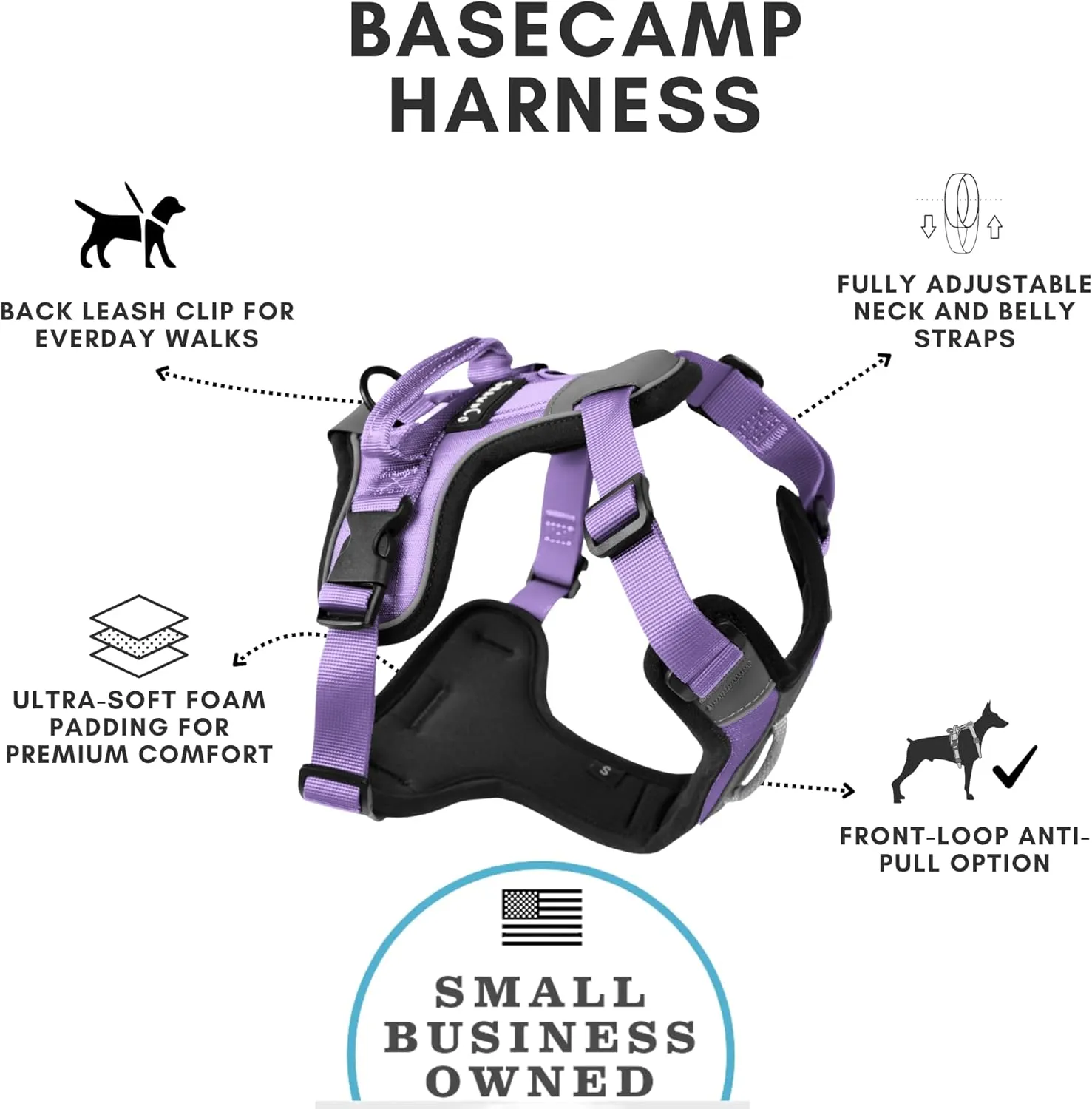 ShawnCo Basecamp Dog Harness, No-Pull Pet Vest with 3 Leash Clips, Padded, Reflective, Lightweight and Adjustable Harness with Handle for Small, Medium and Large Dogs (ICY Lilac, M)