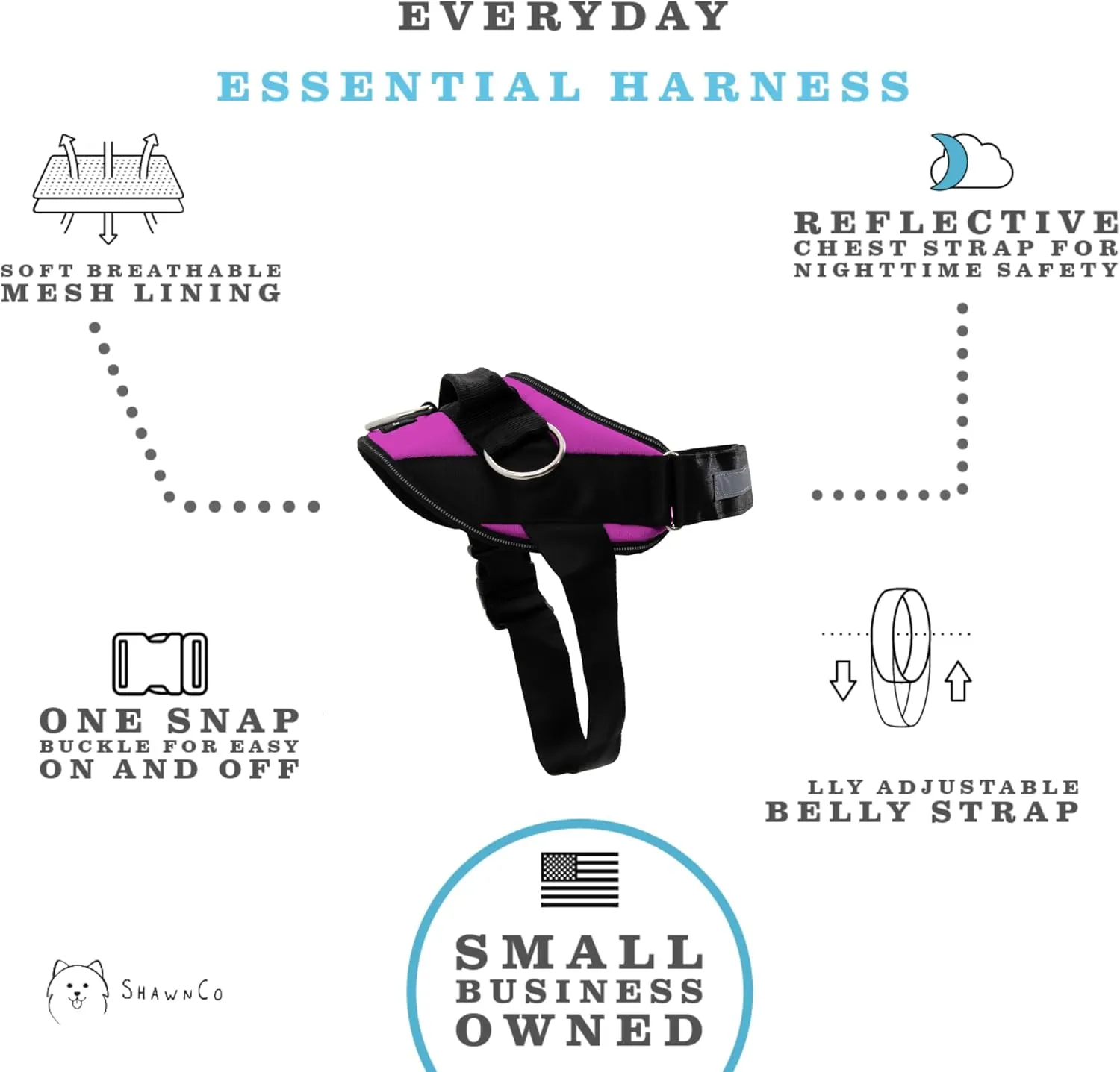 ShawnCo Essential Dog Harness, No-Pull Pet Vest with 3 Leash Clips, No Choke, Reflective, Adjustable and Padded, for Easy Walking and Training for Small, Medium and Large Dogs (Orchid, M)