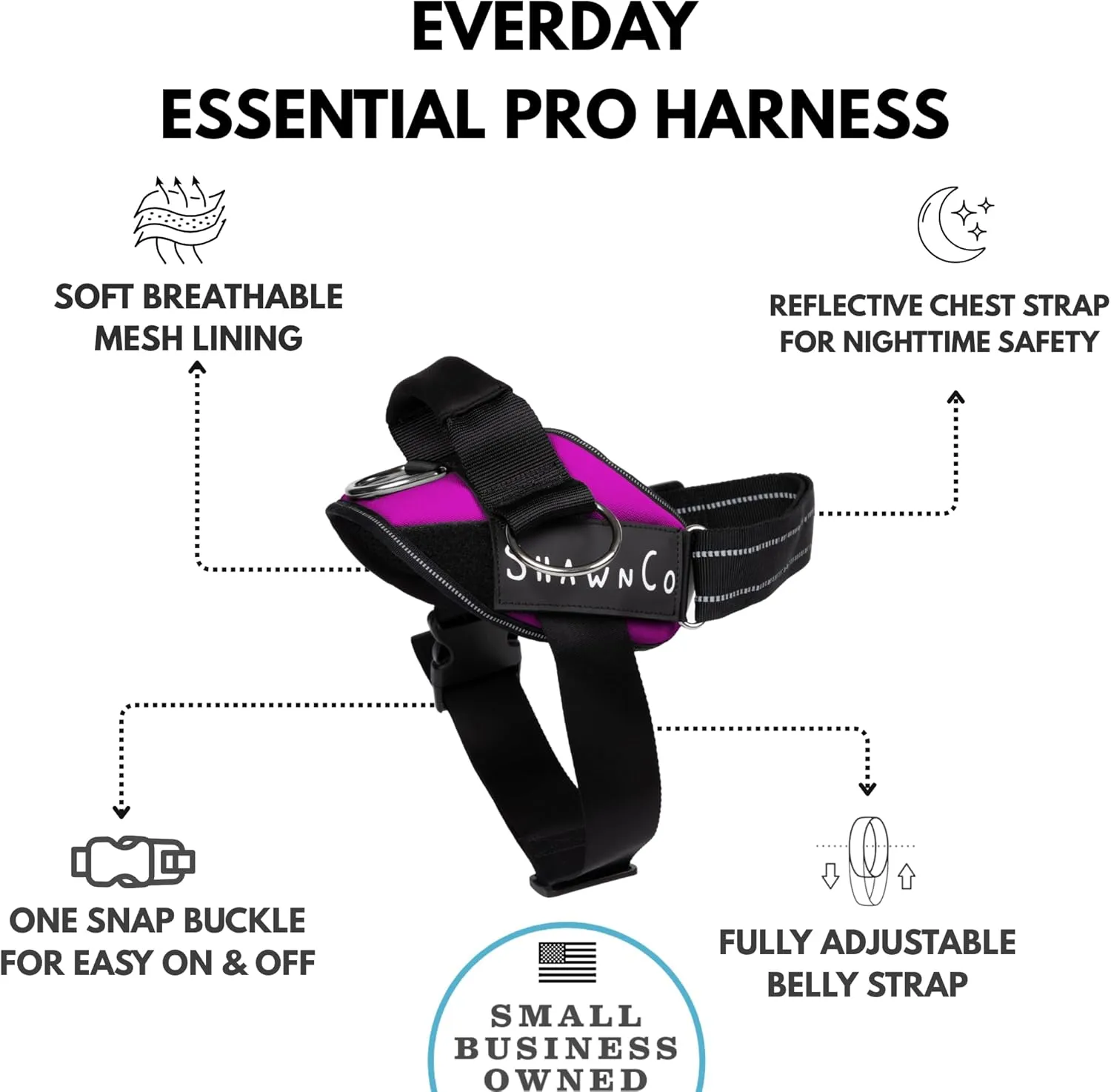 ShawnCo Essential Pro Dog Harness, No-Pull Pet Vest with 3 Leash Clips and Removable, Reflective Side Patches, Adjustable and Padded Harness for Small, Medium and Large Dogs (Orchid, M)