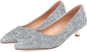 SHEMEE Women's Sequin Kitten Heel Wedding Pumps Pointed Toe Sparkly Party Wear Glitter Bridal Shoes