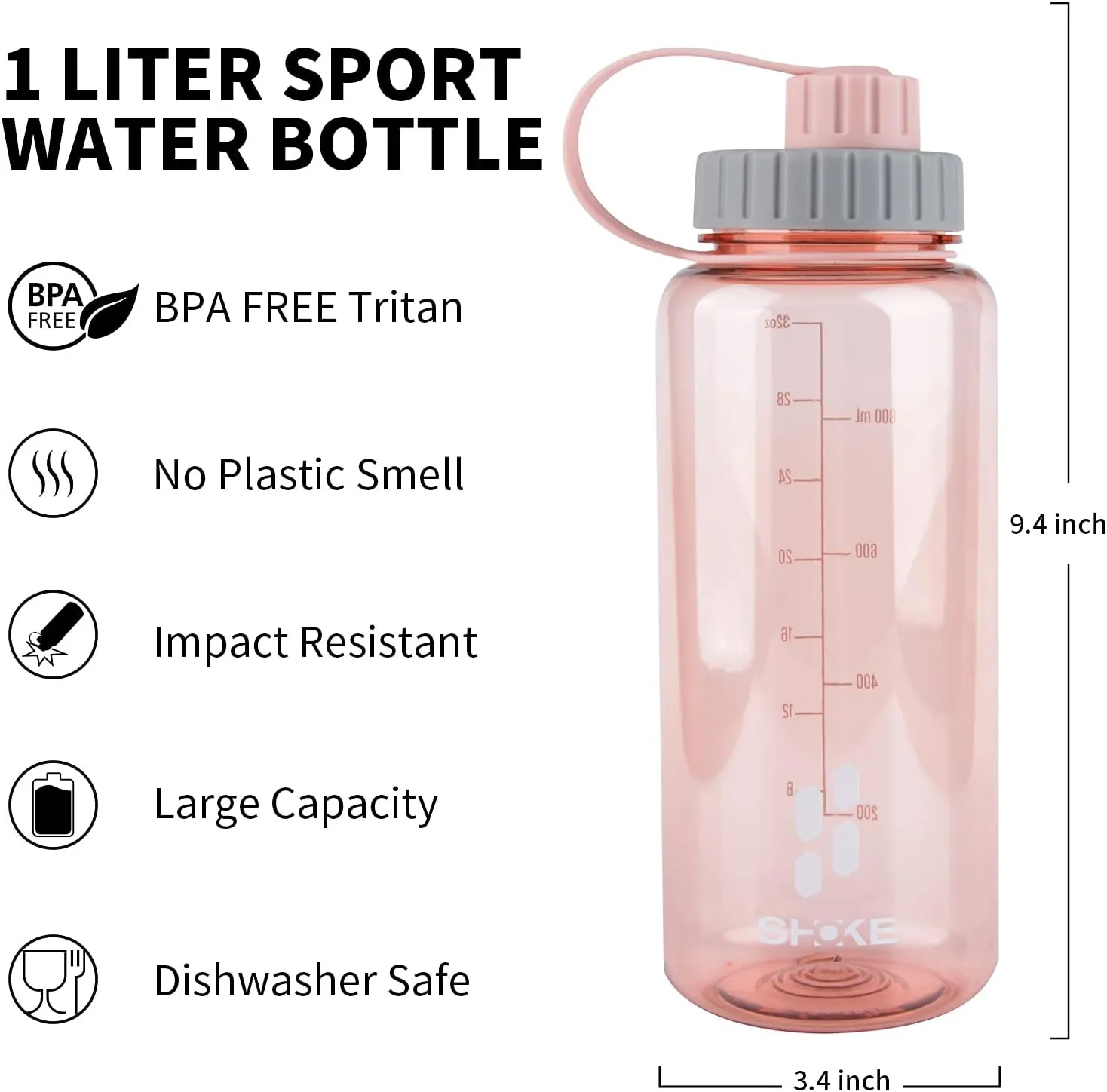 SHOKE 1 Liter Water Bottle, 32oz BPA Free Non-Toxic Tritan Wide Mouth Leakproof Large Sports Water Bottles with Handle, Gym Space Cup For Fitness Yoga Workouts Hiking for Mother's Day