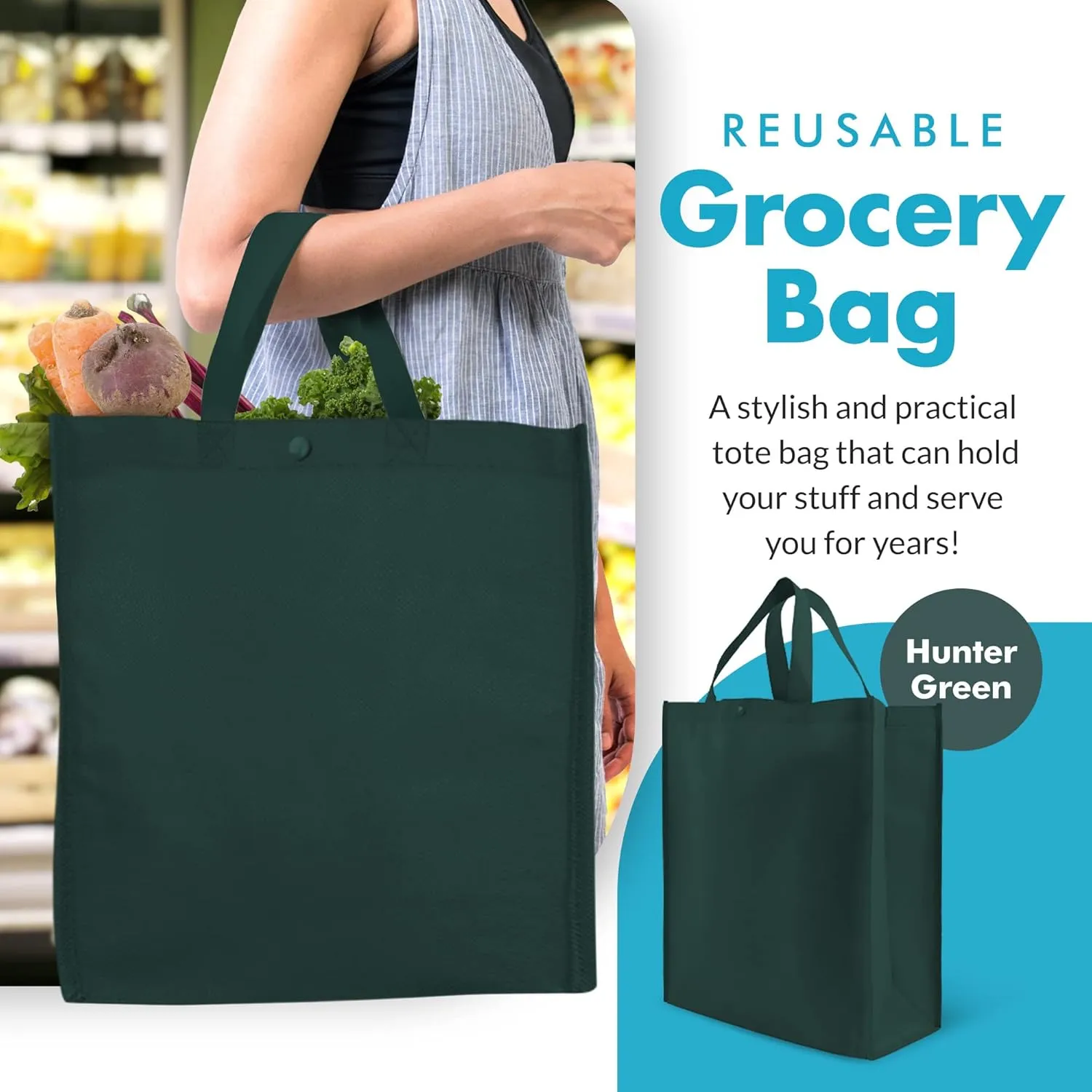 Simply Green Solutions - Reusable Grocery Bags, Durable Large Tote Bags, Shopping Bags for Groceries, Utility Tote, Reusable Gift Bags With Handles, 14 x 16.5 x 6, Pack of 10, Hunter Green