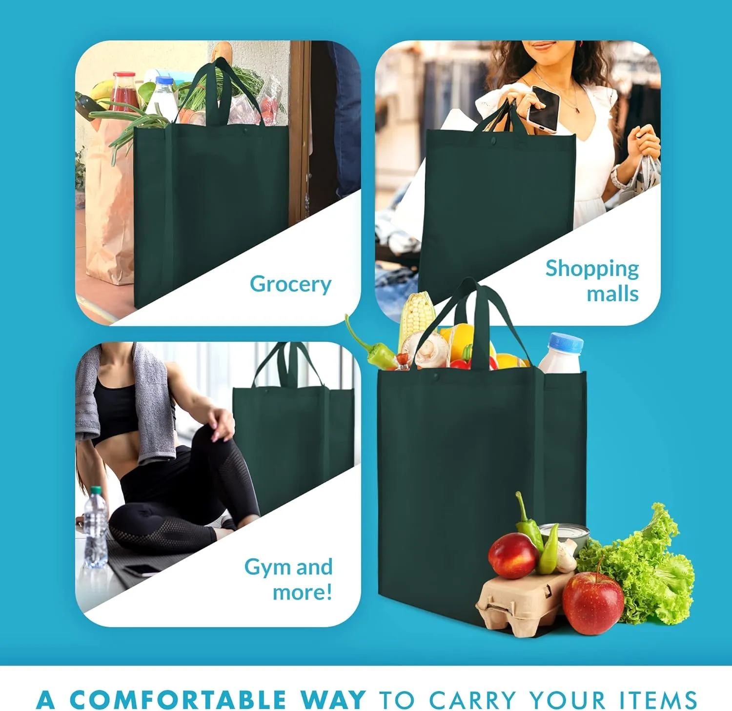 Simply Green Solutions - Reusable Grocery Bags, Durable Large Tote Bags, Shopping Bags for Groceries, Utility Tote, Reusable Gift Bags With Handles, 14 x 16.5 x 6, Pack of 10, Hunter Green