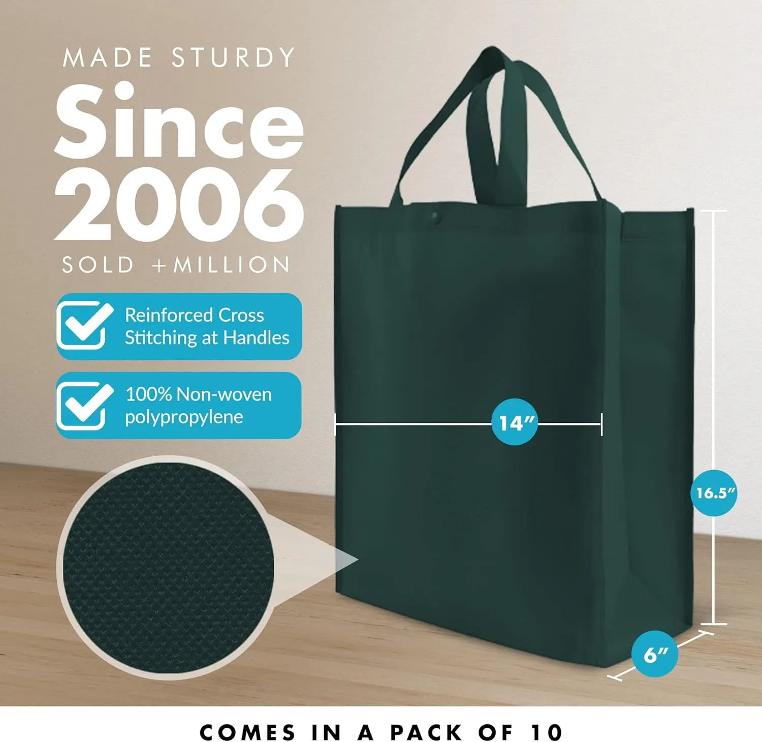 Simply Green Solutions - Reusable Grocery Bags, Durable Large Tote Bags, Shopping Bags for Groceries, Utility Tote, Reusable Gift Bags With Handles, 14 x 16.5 x 6, Pack of 10, Hunter Green