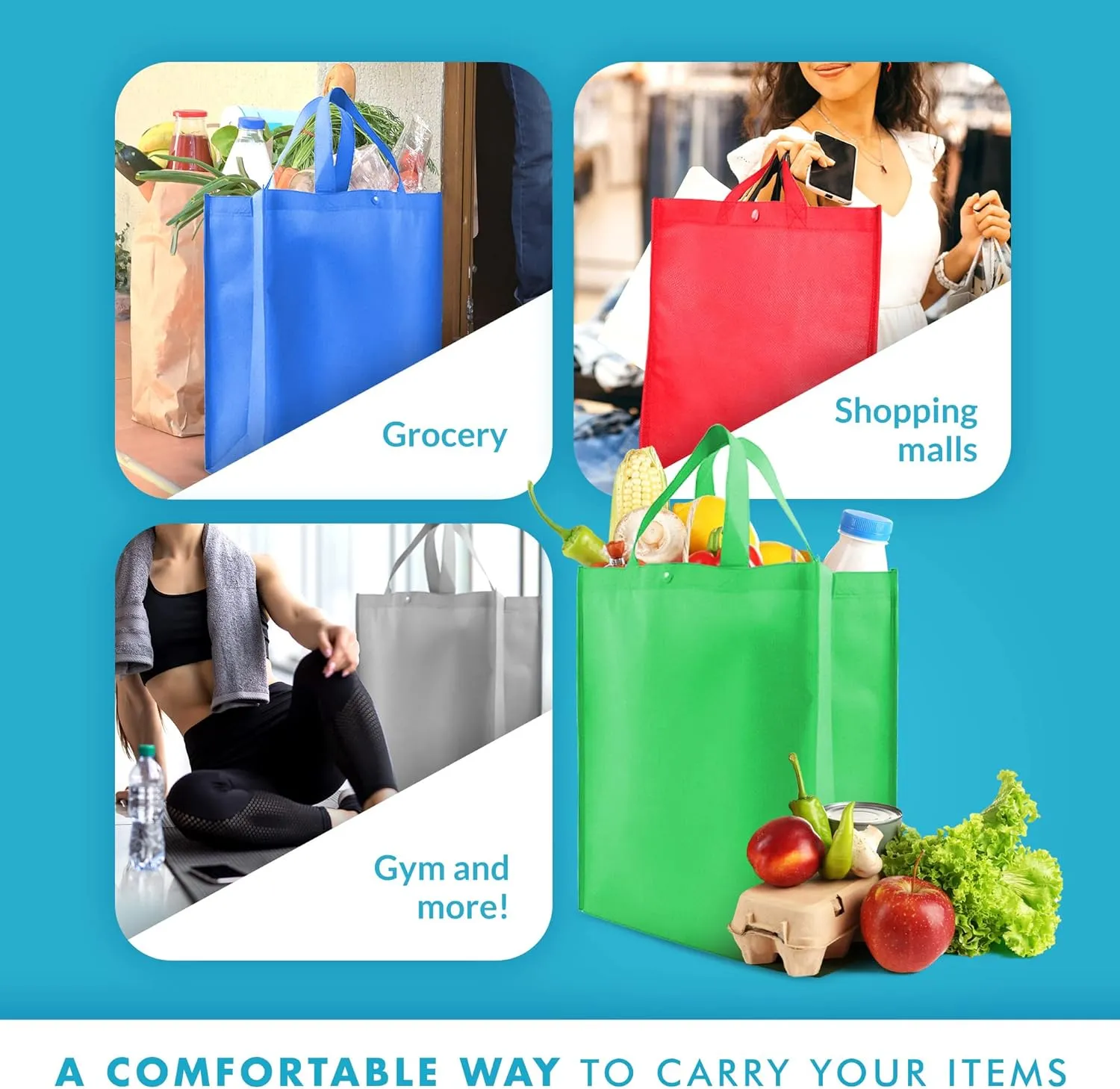 Simply Green Solutions - Reusable Grocery Bags, Durable Tote Bags, Shopping Bags for Groceries, Utility Tote, Reusable Gift Bags With Handles, 14 x 16.5 x 6, 10 Color Variety, Pack of 10