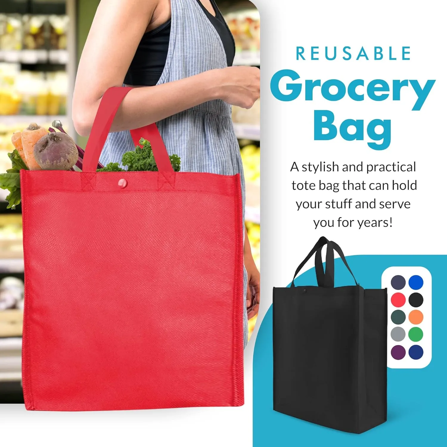 Simply Green Solutions - Reusable Grocery Bags, Durable Tote Bags, Shopping Bags for Groceries, Utility Tote, Reusable Gift Bags With Handles, 14 x 16.5 x 6, 10 Color Variety, Pack of 10