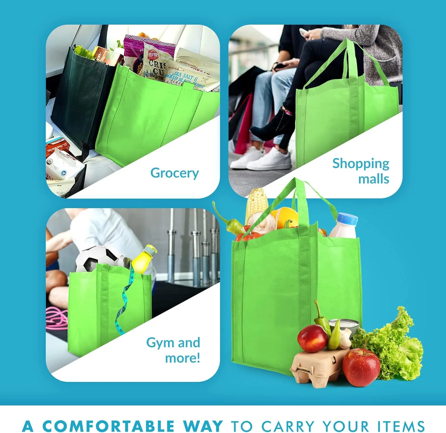 Simply Green Solutions - Reusable Grocery Bags, Wide Tote Bags with 20-Inch Reinforced Handle, Shopping Bags for Groceries, Reusable Gift Bags with Handles, 13 x 15 x 10, Pack of 10, Grass Green