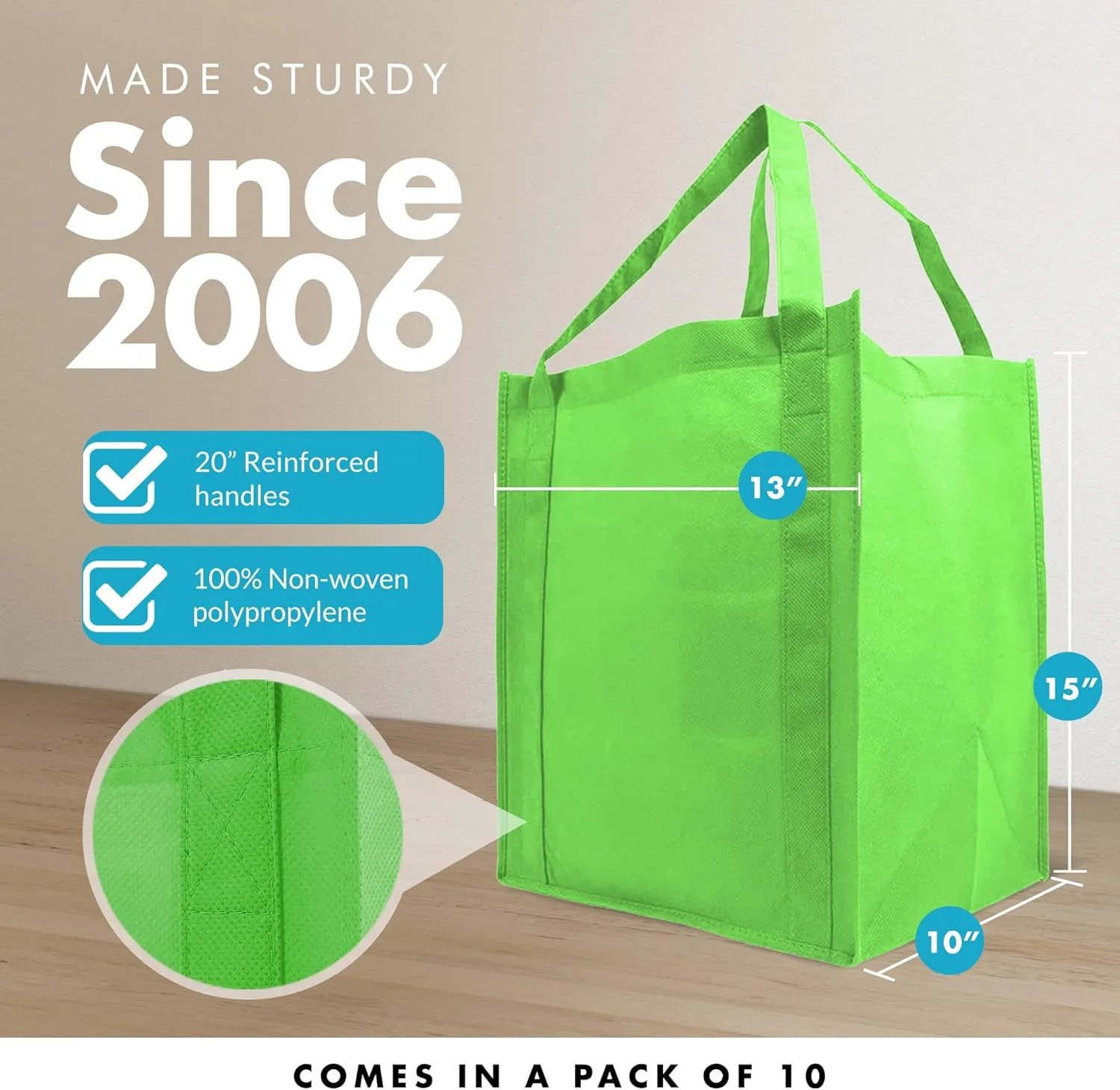 Simply Green Solutions - Reusable Grocery Bags, Wide Tote Bags with 20-Inch Reinforced Handle, Shopping Bags for Groceries, Reusable Gift Bags with Handles, 13 x 15 x 10, Pack of 10, Grass Green
