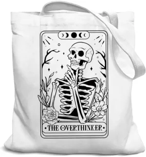 Skull Gothic Canvas Tote Bag, The Overthinker Sign, Gothic Reusable Grocery Bags, Shopping Gift Bag for Work Travel Shoulder Bag, White, 017-BXCB-overthinker