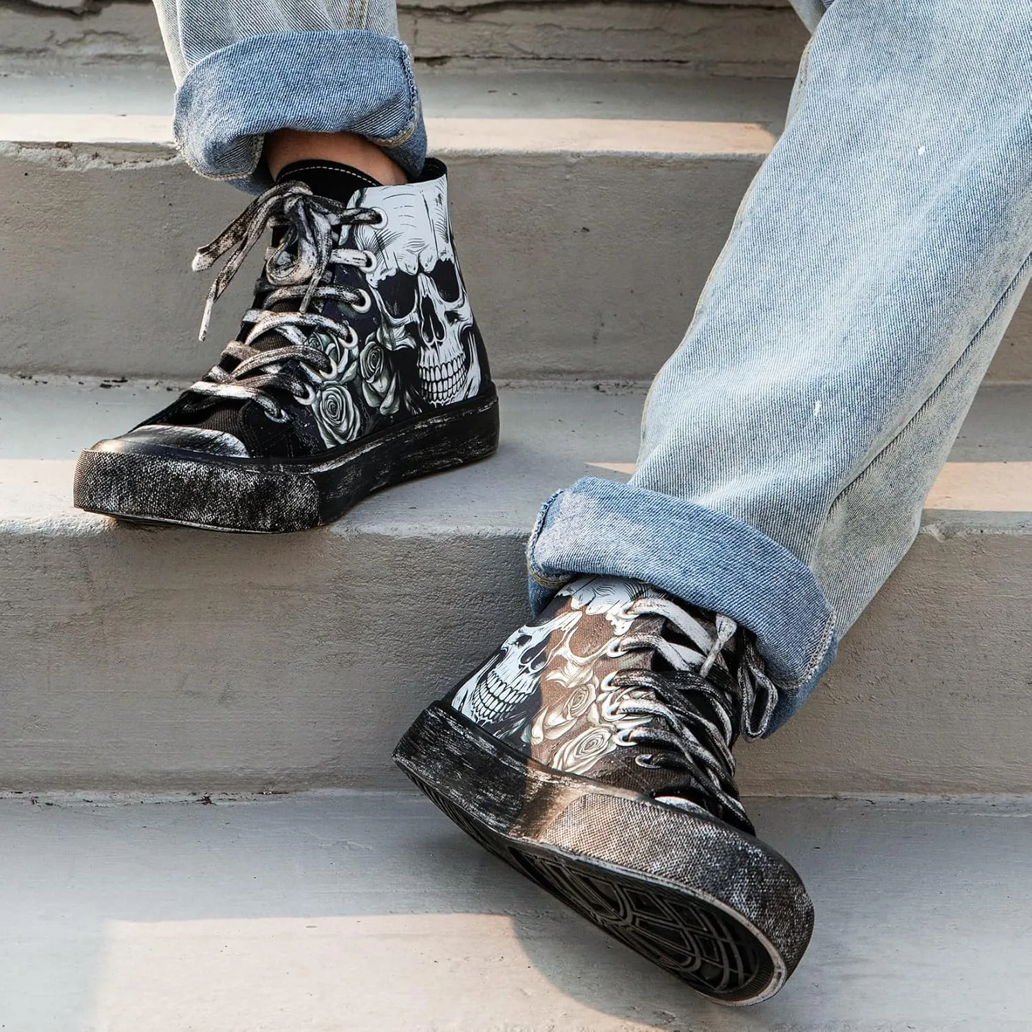 Skull Shoes for Women Fashion Sneaker Men's Black Hand-Painted Graffiti Shoes Punk Cosplay Hip Hop Teen Boys Girls Student Casual Walking Streetwear