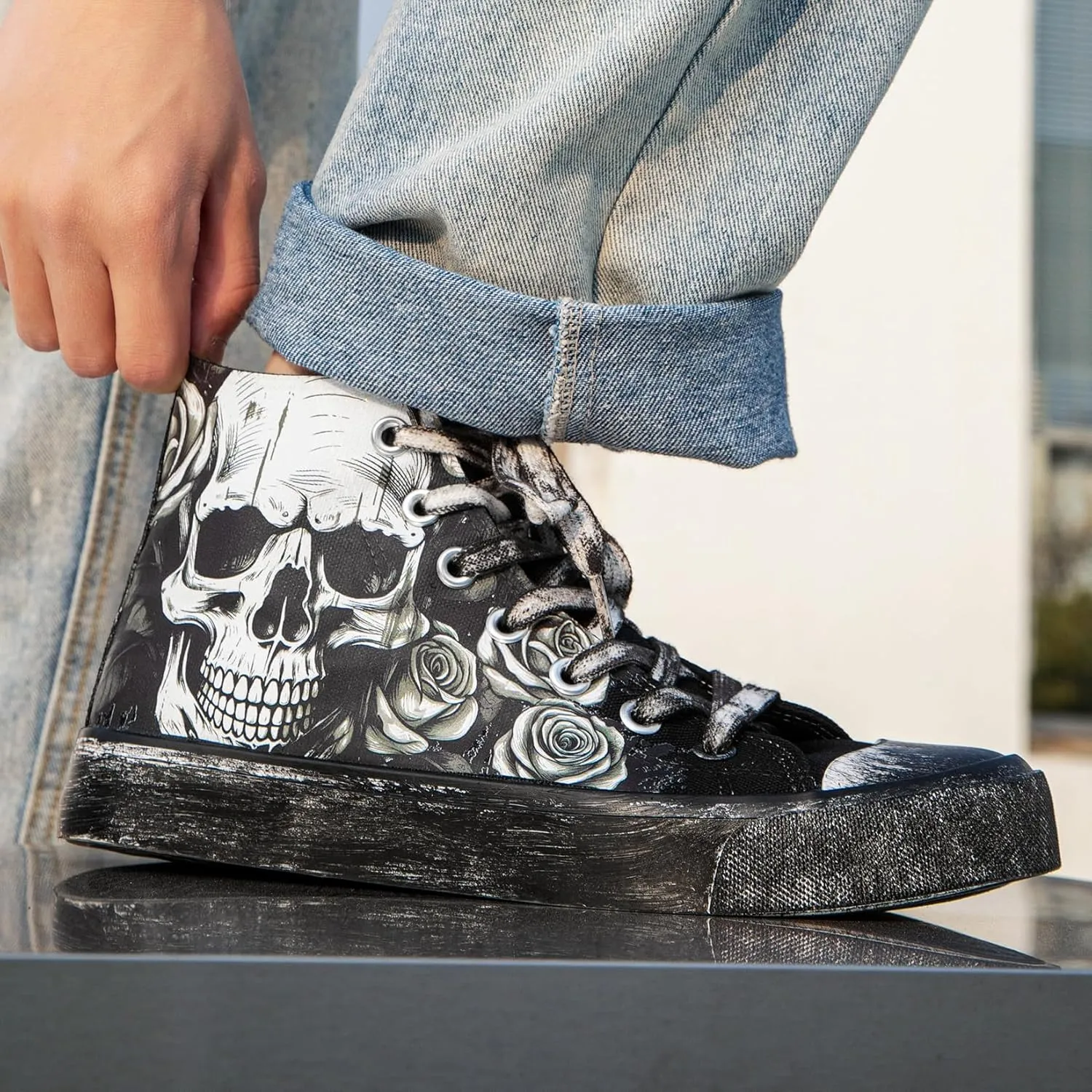 Skull Shoes for Women Fashion Sneaker Men's Black Hand-Painted Graffiti Shoes Punk Cosplay Hip Hop Teen Boys Girls Student Casual Walking Streetwear