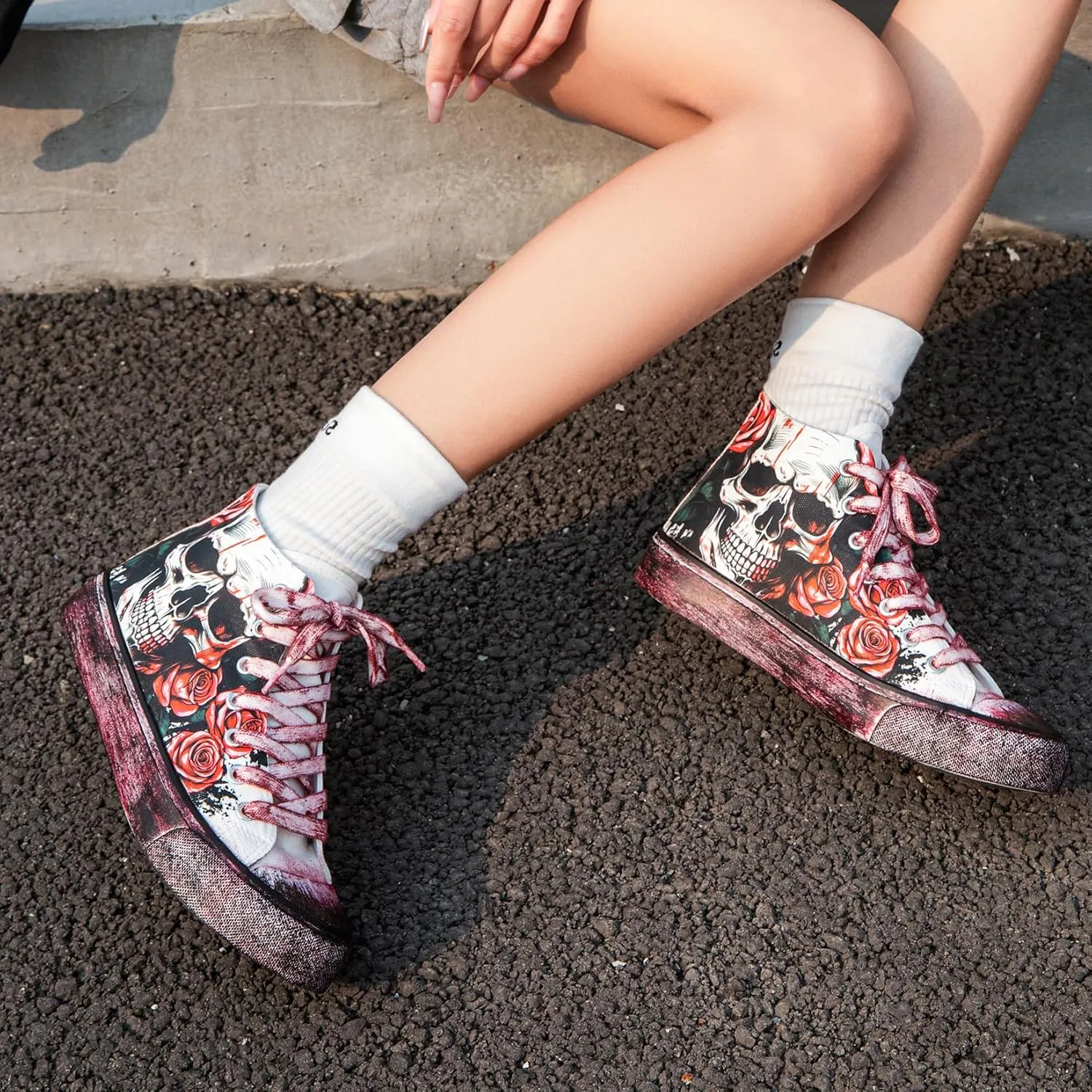 Skull Shoes for Women Fashion Sneaker Men's Black Hand-Painted Graffiti Shoes Punk Cosplay Hip Hop Teen Boys Girls Student Casual Walking Streetwear