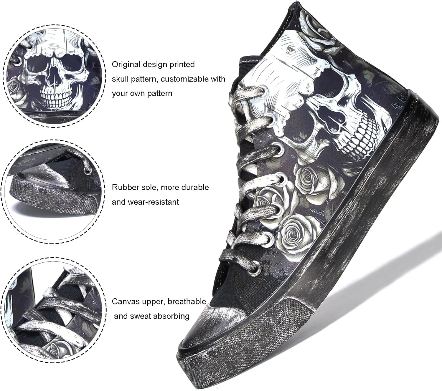Skull Shoes for Women Fashion Sneaker Men's Black Hand-Painted Graffiti Shoes Punk Cosplay Hip Hop Teen Boys Girls Student Casual Walking Streetwear