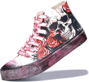 Skull Shoes for Women Fashion Sneaker Men's Black Hand-Painted Graffiti Shoes Punk Cosplay Hip Hop Teen Boys Girls Student Casual Walking Streetwear