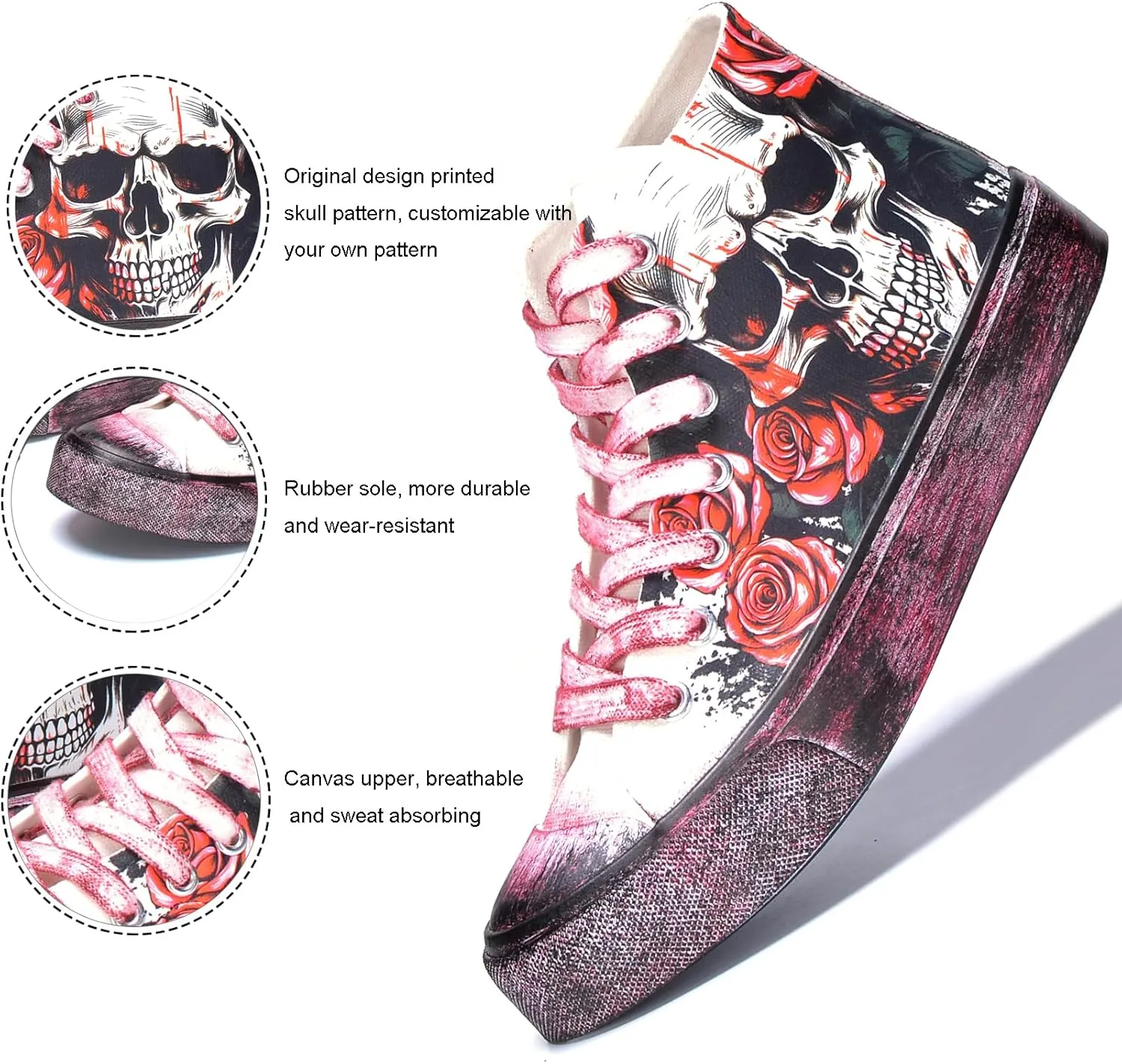 Skull Shoes for Women Fashion Sneaker Men's Black Hand-Painted Graffiti Shoes Punk Cosplay Hip Hop Teen Boys Girls Student Casual Walking Streetwear