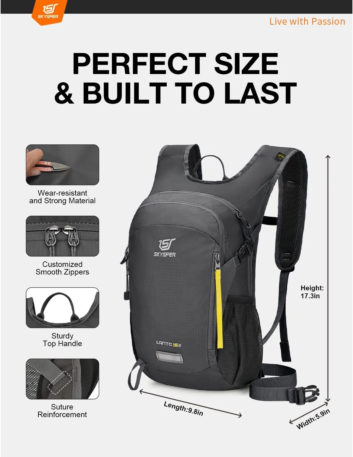 SKYSPER Small Hiking Backpack 15L Lightweight Travel Daypack for Camping Travelling Breathable Walking Daybag for Women Men
