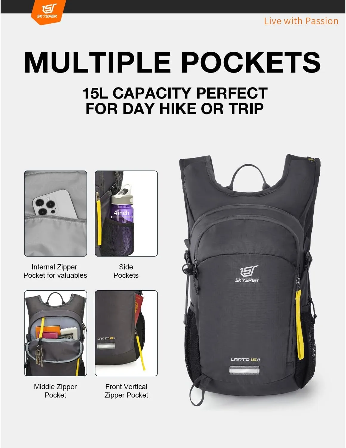 SKYSPER Small Hiking Backpack 15L Lightweight Travel Daypack for Camping Travelling Breathable Walking Daybag for Women Men