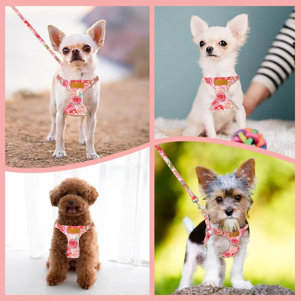 SlowTon No Pull Dog Harness with Leash - Soft Lightweight Floral Pattern Puppy Harness, Adjustable Pet Harness for Small Medium Dogs (Pink Rose XXS)