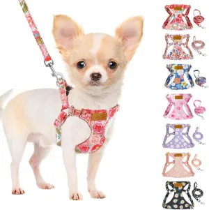 SlowTon No Pull Dog Harness with Leash - Soft Lightweight Floral Pattern Puppy Harness, Adjustable Pet Harness for Small Medium Dogs (Pink Rose XXS)