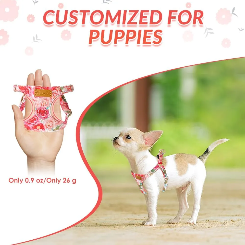 SlowTon No Pull Dog Harness with Leash - Soft Lightweight Floral Pattern Puppy Harness, Adjustable Pet Harness for Small Medium Dogs (Pink Rose XXS)