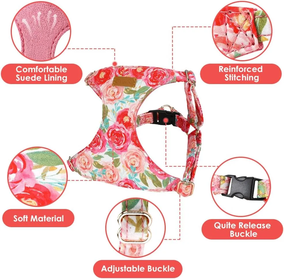SlowTon No Pull Dog Harness with Leash - Soft Lightweight Floral Pattern Puppy Harness, Adjustable Pet Harness for Small Medium Dogs (Pink Rose XXS)