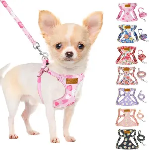 SlowTon No Pull Dog Harness with Leash - Soft Lightweight Floral Pattern Puppy Harness, Adjustable Pet Harness for Small Medium Dogs (Strawberry XS)