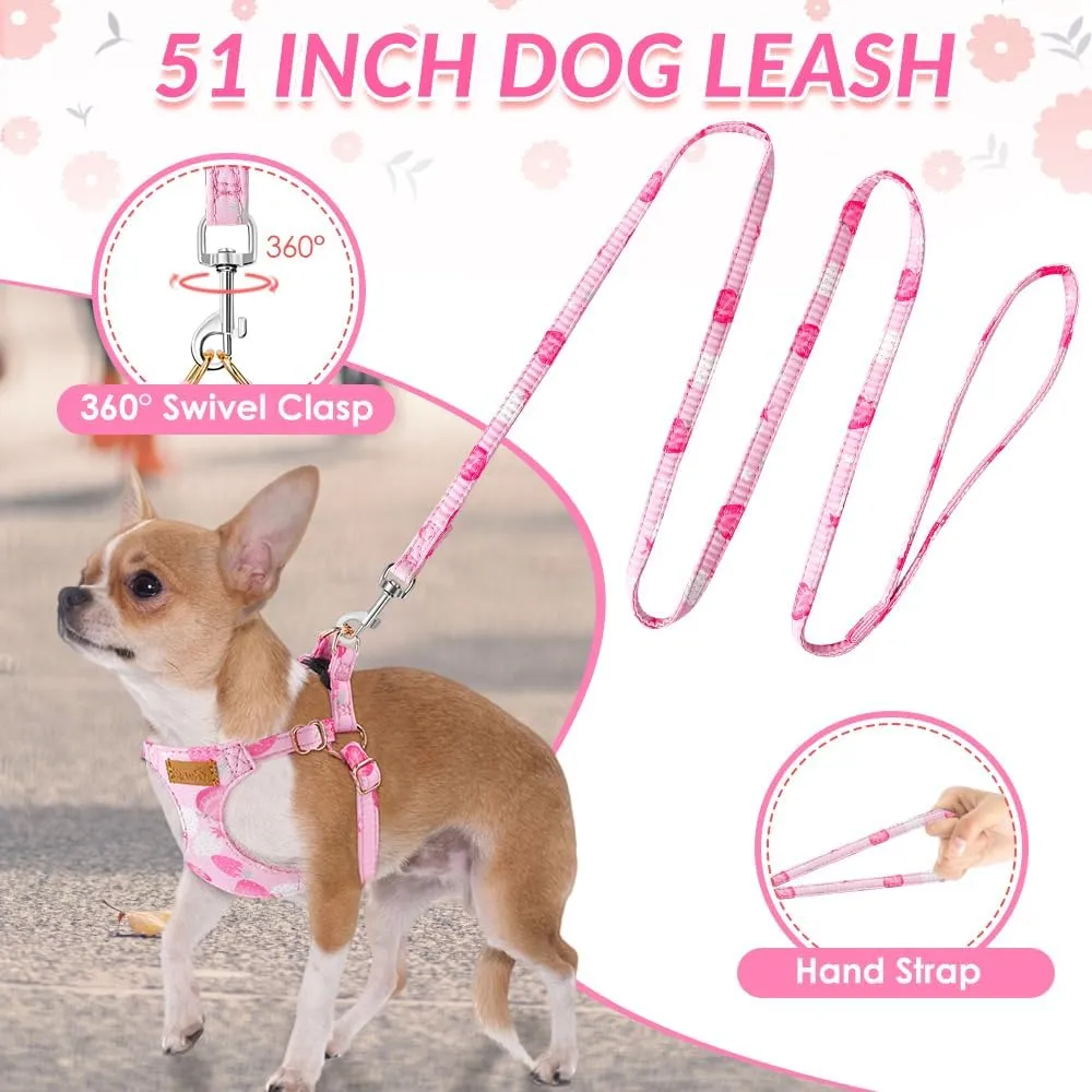 SlowTon No Pull Dog Harness with Leash - Soft Lightweight Floral Pattern Puppy Harness, Adjustable Pet Harness for Small Medium Dogs (Strawberry XS)