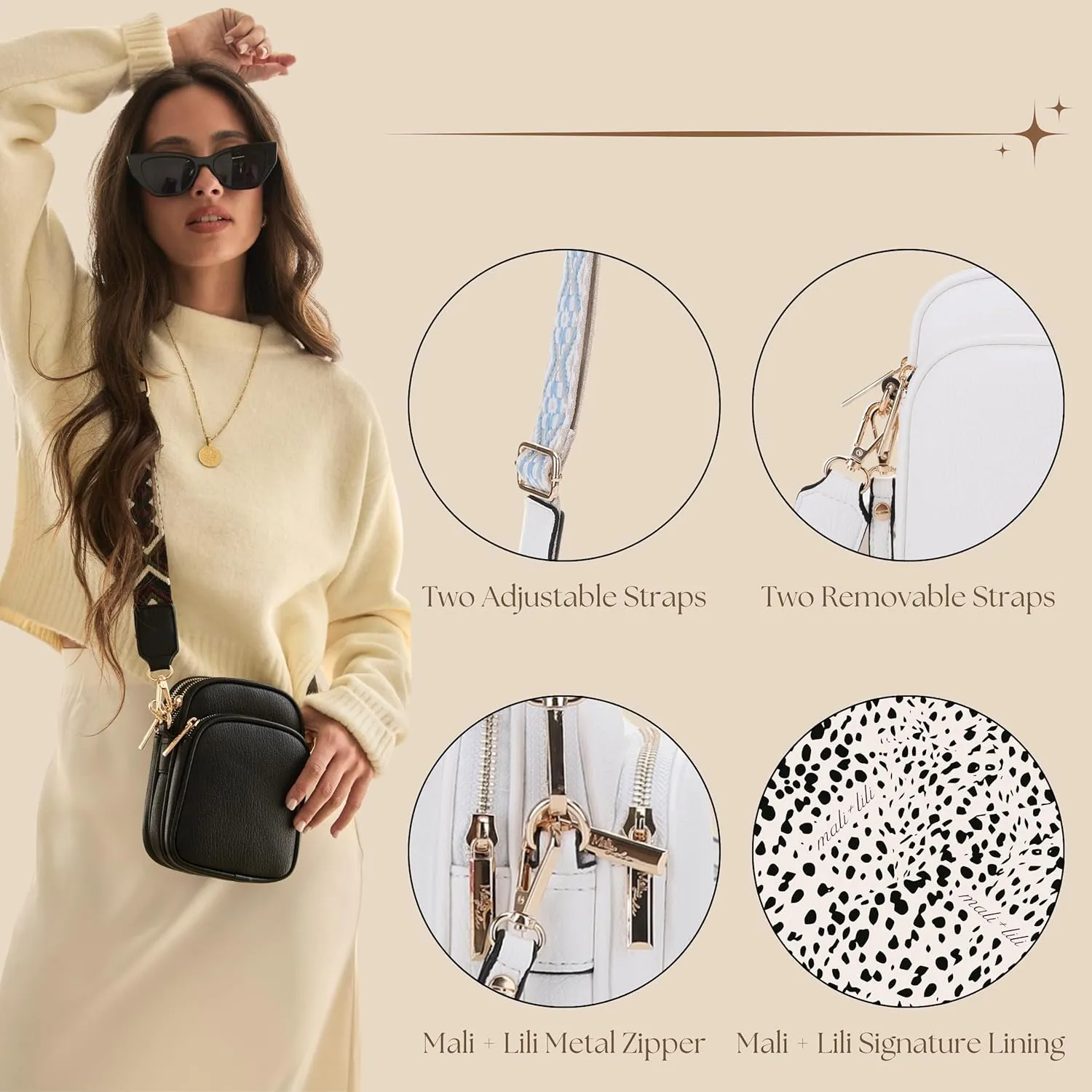 Small Crossbody Bag for Women, Triple Compartment Shoulder Bag with Double Strap