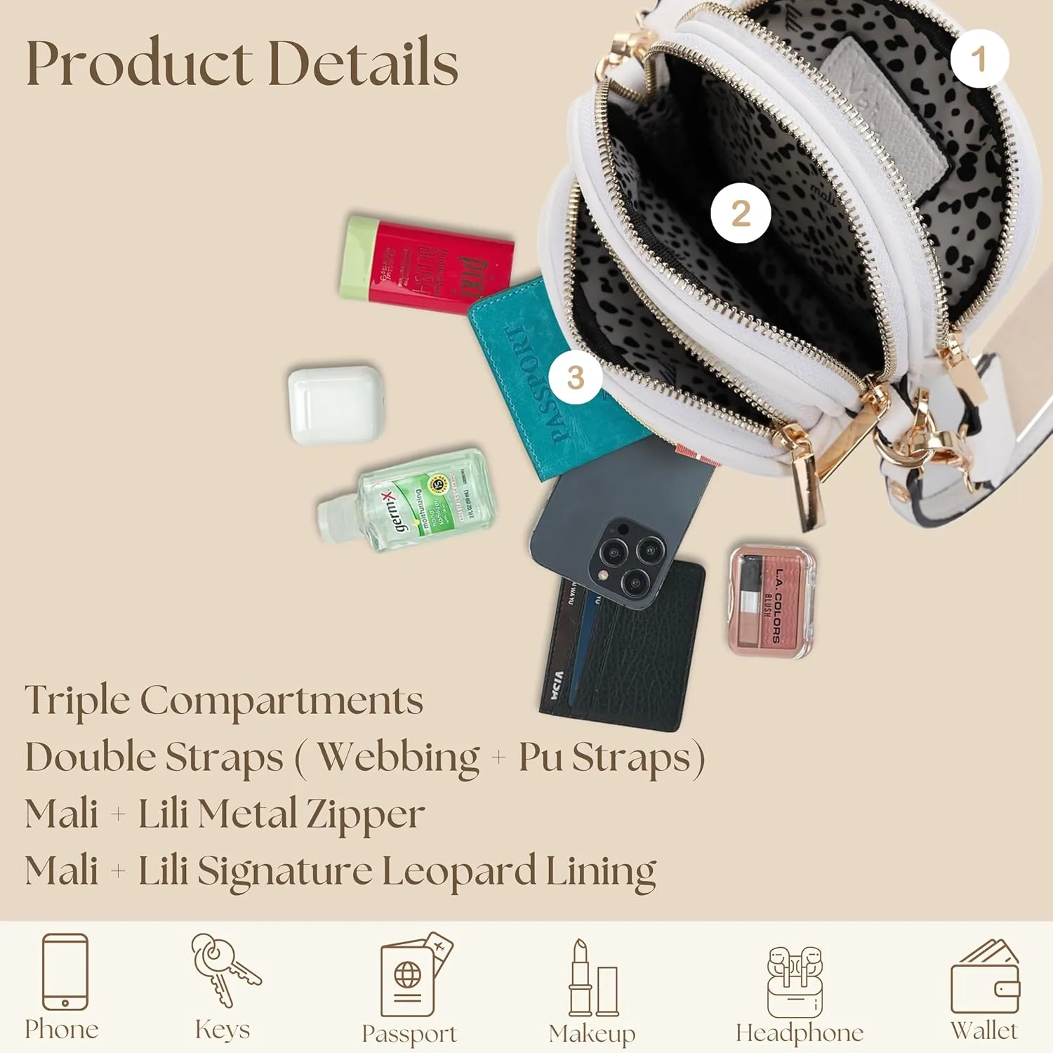 Small Crossbody Bag for Women, Triple Compartment Shoulder Bag with Double Strap