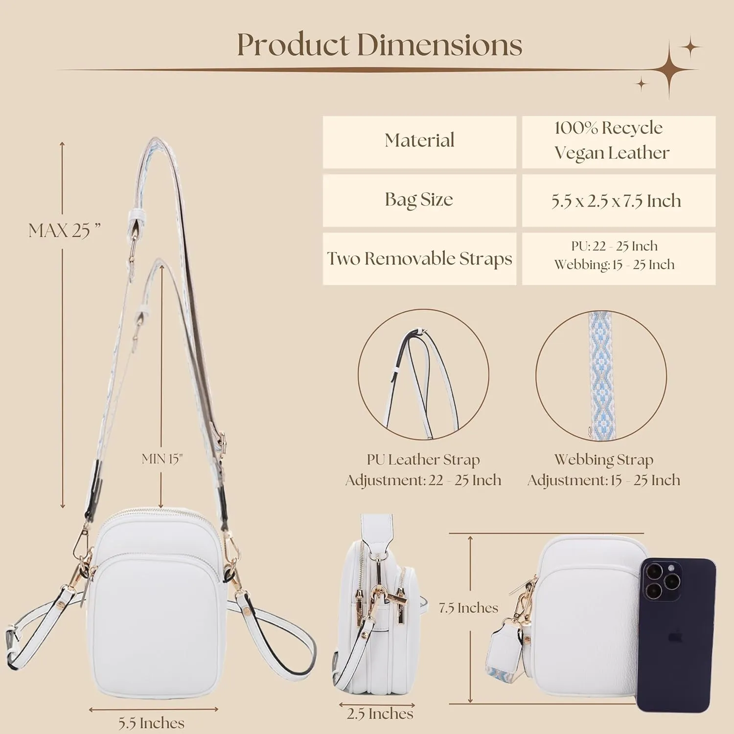 Small Crossbody Bag for Women, Triple Compartment Shoulder Bag with Double Strap