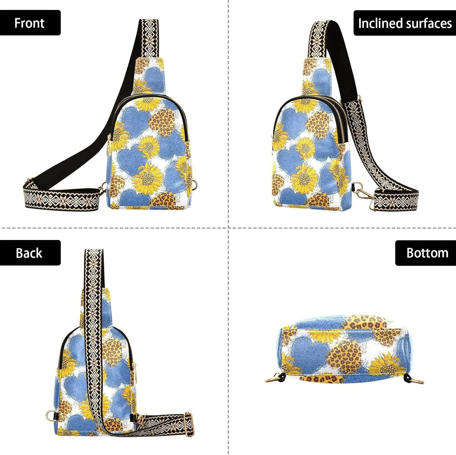 Small Sling Bag for Women Crossbody Hearts Leopard Sunflowers Trendy Crossbody Bag Fashion Waist Packs Floral Fall Leather Chest Bag for Women Fanny Pack with Guitar Strap Travel Outdoor