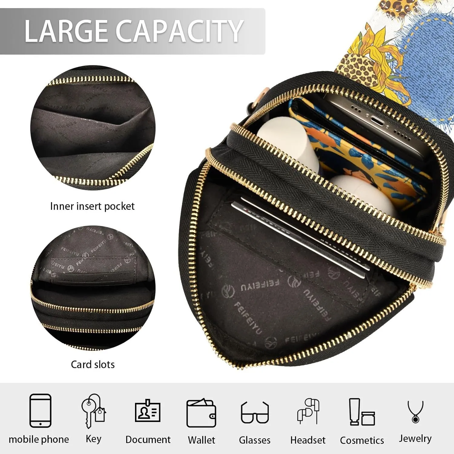 Small Sling Bag for Women Crossbody Hearts Leopard Sunflowers Trendy Crossbody Bag Fashion Waist Packs Floral Fall Leather Chest Bag for Women Fanny Pack with Guitar Strap Travel Outdoor