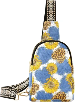 Small Sling Bag for Women Crossbody Hearts Leopard Sunflowers Trendy Crossbody Bag Fashion Waist Packs Floral Fall Leather Chest Bag for Women Fanny Pack with Guitar Strap Travel Outdoor