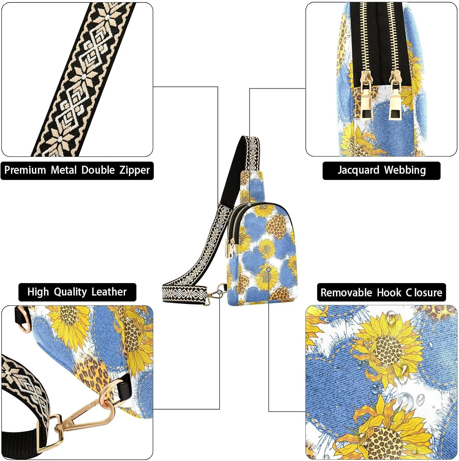 Small Sling Bag for Women Crossbody Hearts Leopard Sunflowers Trendy Crossbody Bag Fashion Waist Packs Floral Fall Leather Chest Bag for Women Fanny Pack with Guitar Strap Travel Outdoor