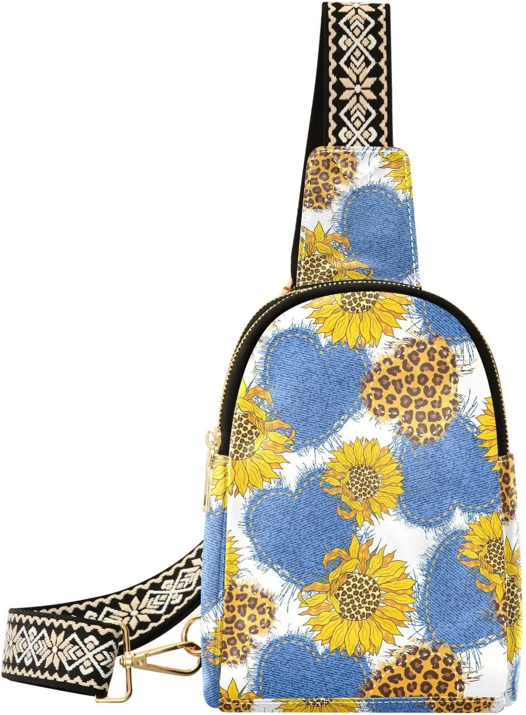 Small Sling Bag for Women Crossbody Hearts Leopard Sunflowers Trendy Crossbody Bag Fashion Waist Packs Floral Fall Leather Chest Bag for Women Fanny Pack with Guitar Strap Travel Outdoor