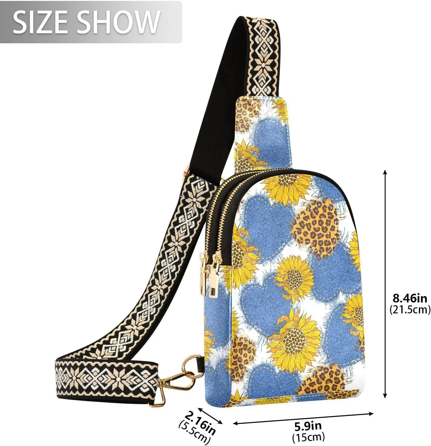 Small Sling Bag for Women Crossbody Hearts Leopard Sunflowers Trendy Crossbody Bag Fashion Waist Packs Floral Fall Leather Chest Bag for Women Fanny Pack with Guitar Strap Travel Outdoor