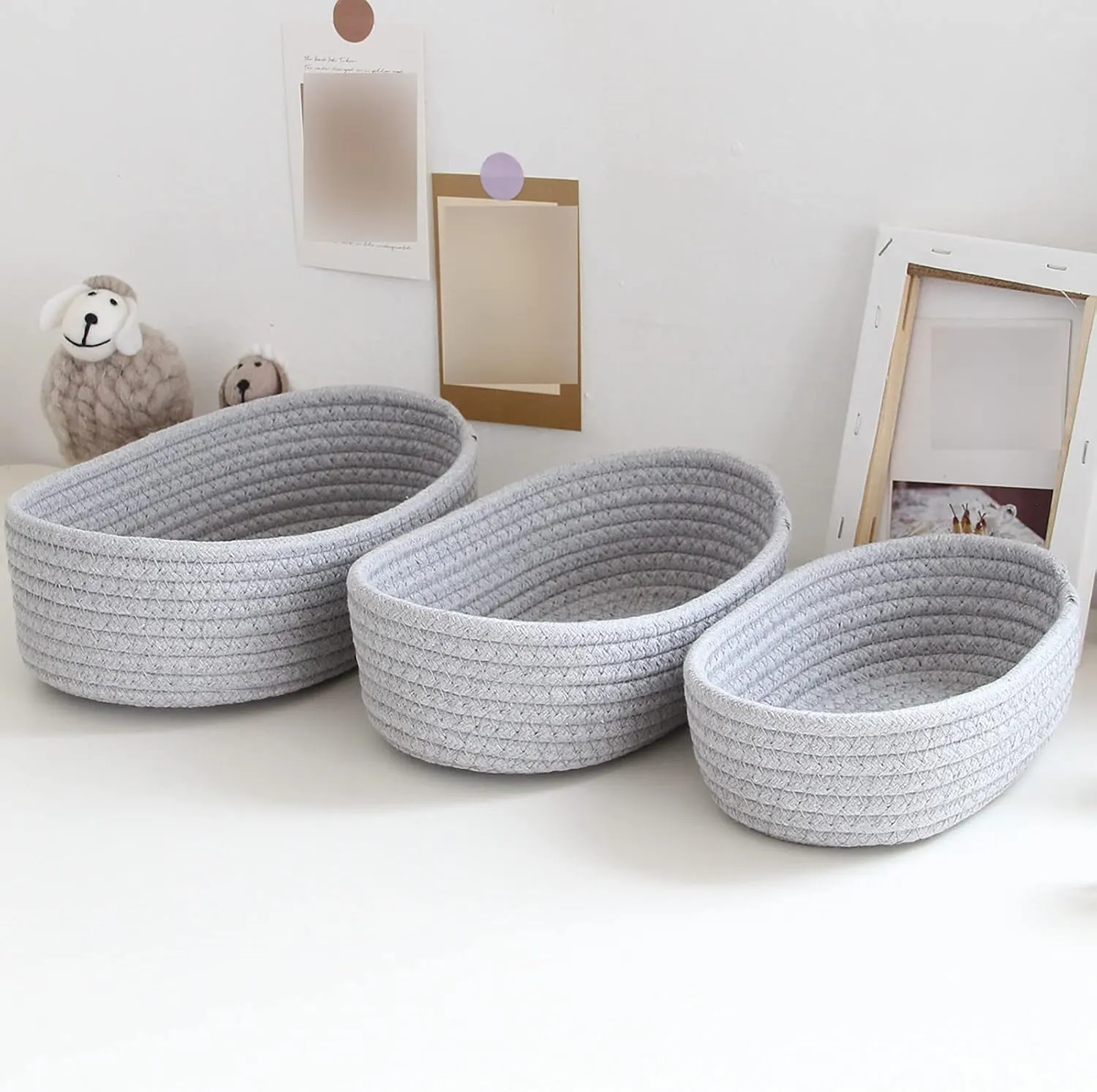 Small Woven Rope Storage Basket with Handles Spring Mini Oval Decorative Hampers for Empty Chest Box 3 Sizes(Gray 12''L x 4"W x 7''H) Clearence