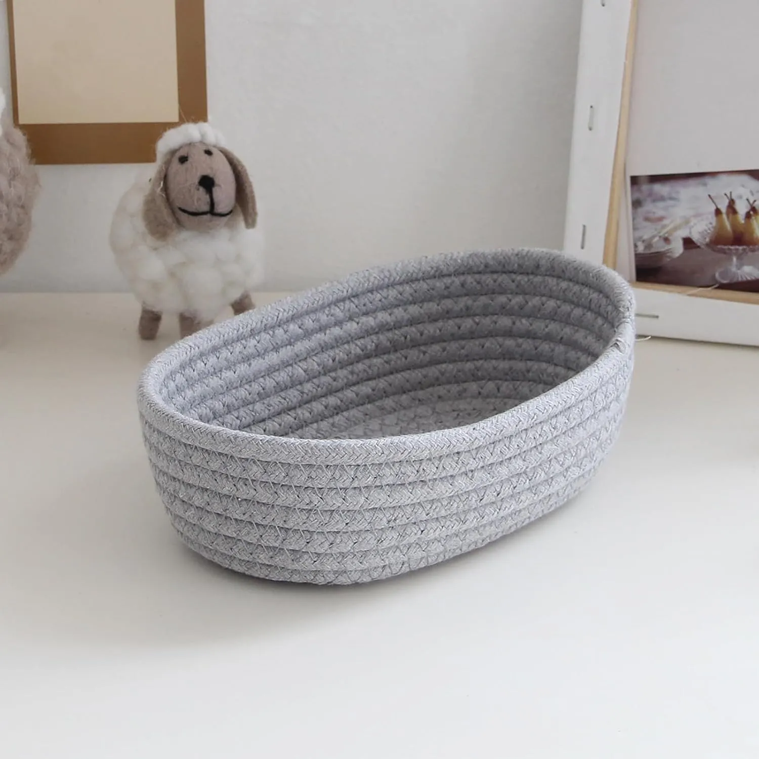 Small Woven Rope Storage Basket with Handles Spring Mini Oval Decorative Hampers for Empty Chest Box 3 Sizes(Gray 12''L x 4"W x 7''H) Clearence