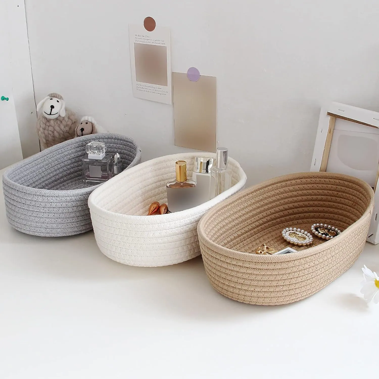 Small Woven Rope Storage Basket with Handles Spring Mini Oval Decorative Hampers for Empty Chest Box 3 Sizes(Gray 12''L x 4"W x 7''H) Clearence