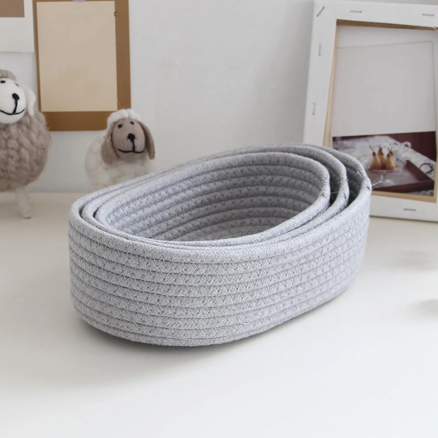 Small Woven Rope Storage Basket with Handles Spring Mini Oval Decorative Hampers for Empty Chest Box 3 Sizes(Gray 12''L x 4"W x 7''H) Clearence