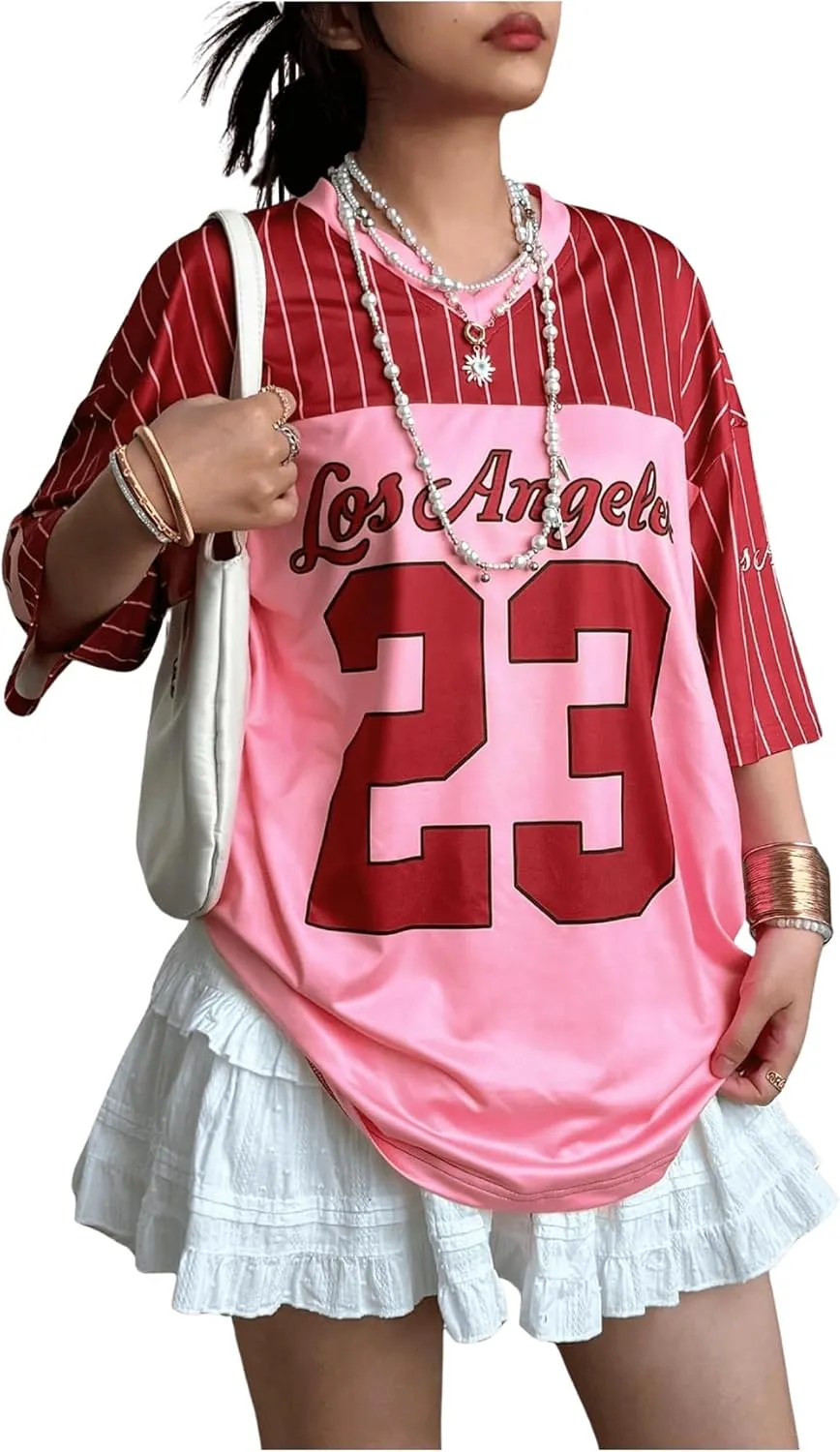 SOLY HUX Jersey Shirts for Women Y2k Oversized T Shirt Striped Number Graphic Tees V Neck Half Sleeve Streetwear Tops