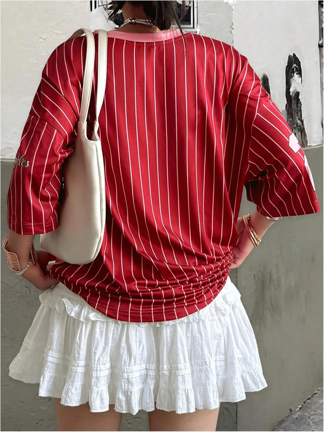SOLY HUX Jersey Shirts for Women Y2k Oversized T Shirt Striped Number Graphic Tees V Neck Half Sleeve Streetwear Tops