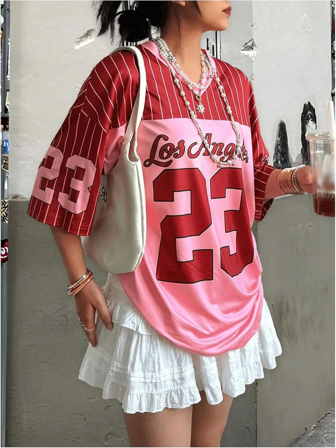 SOLY HUX Jersey Shirts for Women Y2k Oversized T Shirt Striped Number Graphic Tees V Neck Half Sleeve Streetwear Tops