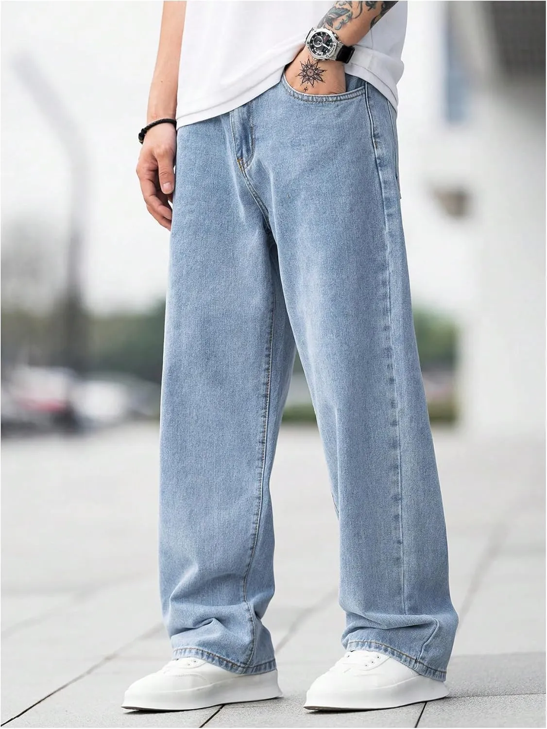 SOLY HUX Men's Vintage Wide Leg Baggy Jeans Mid Waist Casual Denim Pants Streetwear